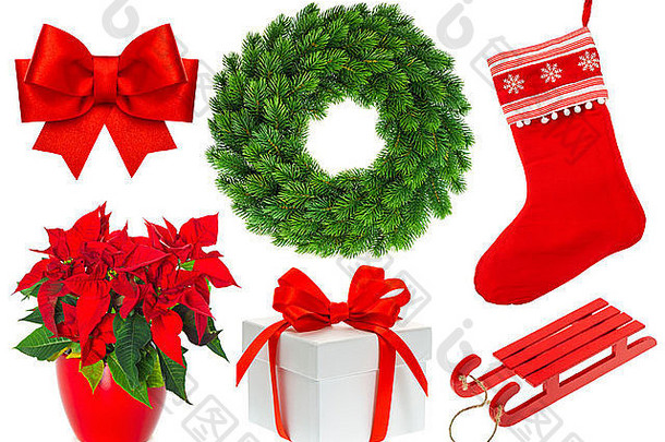 圣诞节集合孤立的白色背景集长袜礼物花环丝带弓