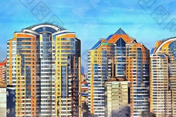 公寓建筑色彩斑斓的绘画图片莫斯科俄罗斯