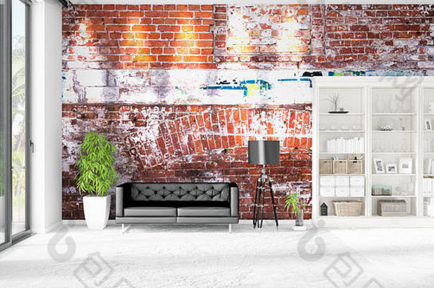 现代室内时尚黑色的皮革沙发上Copyspace水平安排呈现