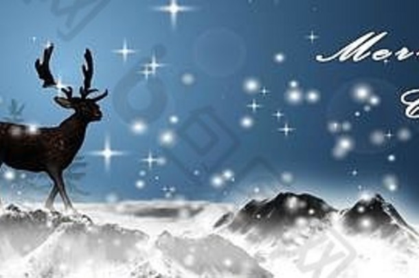 驯鹿雪山快乐圣诞节文本圣诞节冬天全景背景插图