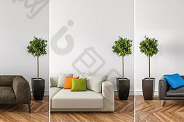 把创建空区域木条镶花之地板地板上沙发室内植物渲染