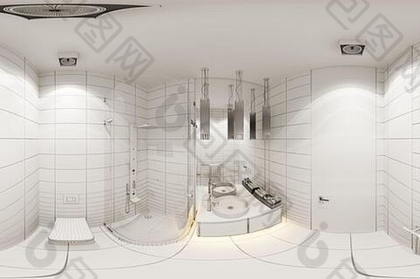 插图室内设计球形无缝的全景浴室角落里淋浴