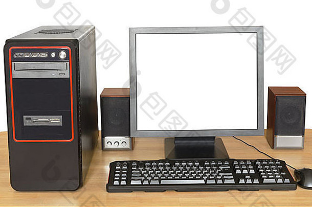 黑色的桌面电脑显示断路屏幕键盘鼠标演讲者木表格孤立的白色背景
