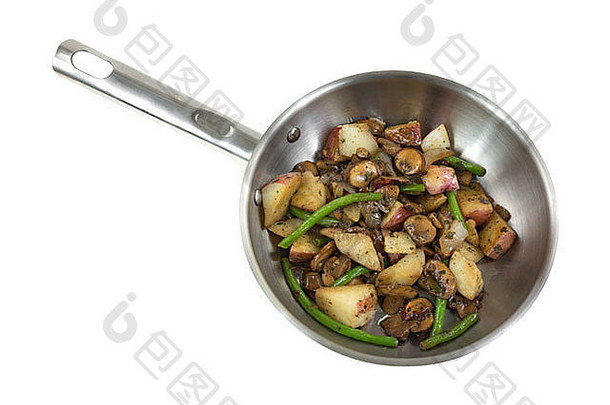 <strong>不锈钢</strong>钢长柄平底<strong>煎锅</strong>烹饪绿色豆子蘑菇洋葱红色的土豆橄榄石油白色背景