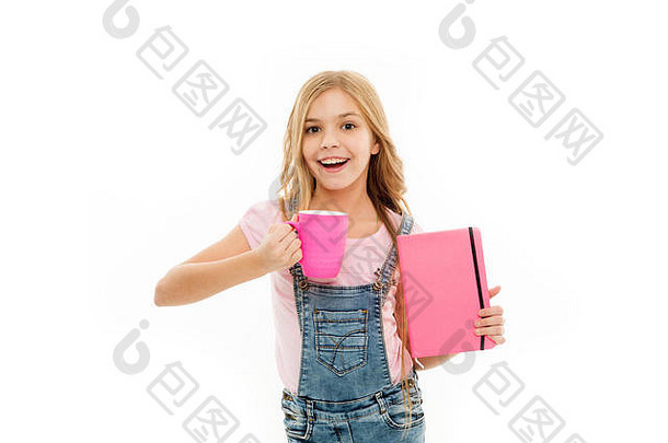 女学生书记事本杯子茶打破水平衡概念享受茶学校类放松充电鼓舞人心的喝女孩可爱的孩子长头发喝可可茶