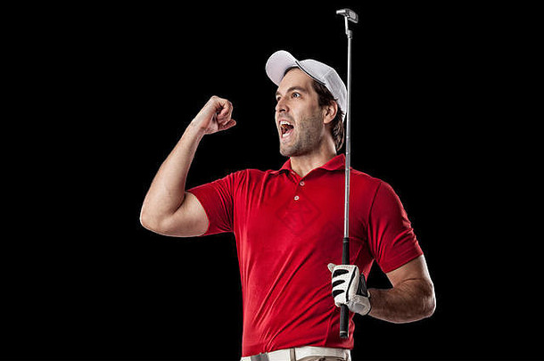 高尔夫球球员红色的衬衫庆祝黑色的背景