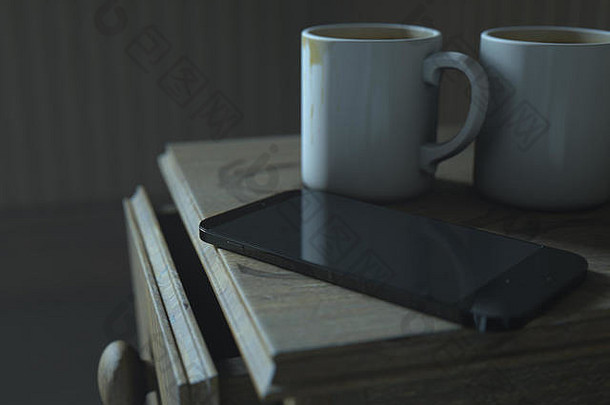真正的生活概念场景显示床上一边表格脏咖啡杯子通用的智能手机晚上渲染