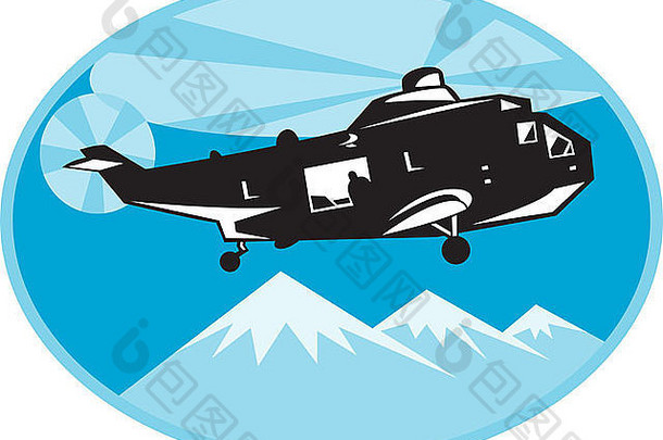 插图直升机斩波器搜索救援山背景集内部椭圆复古的风格