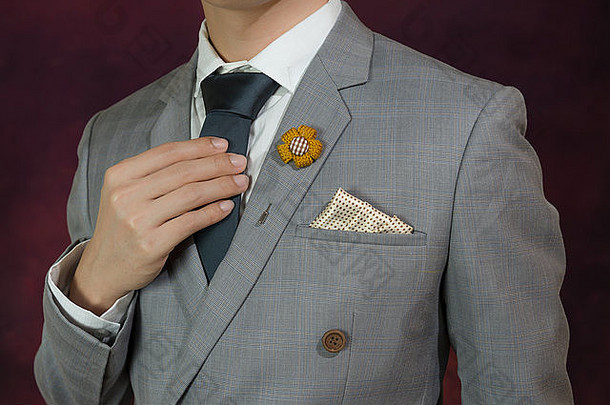 男人。灰色西装格子纹理蓝色的领带花胸针点模式手帕关闭