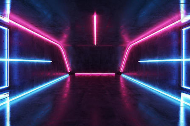 荧光充满活力的霓虹灯未来主义的sci发光的紫色的蓝色的虚拟现实网络隧道混凝土难看的东西地板上房间大厅工作室阶段空空间