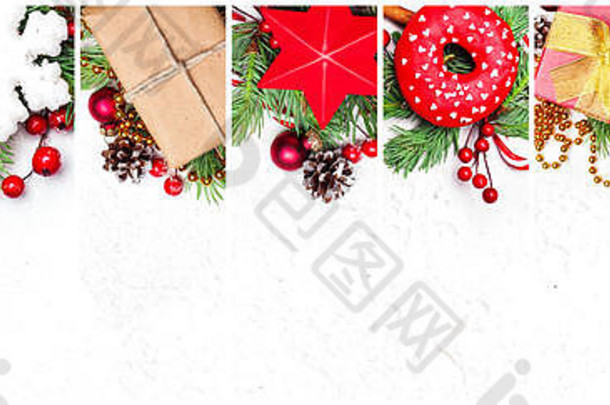 圣诞节集圣诞节装饰作文拼贴画礼物星星绿色圣诞节冷杉分支红色的冬青浆果装饰物白色背景