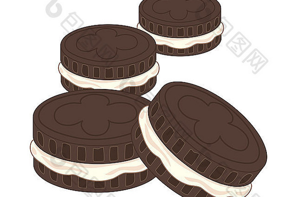 插图巧克力三明治奶油饼干白色背景