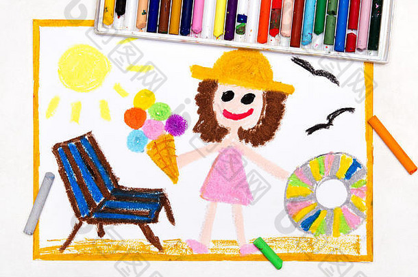 色彩斑斓的画海滩假期微笑女孩冰奶油救生圈甲板椅子