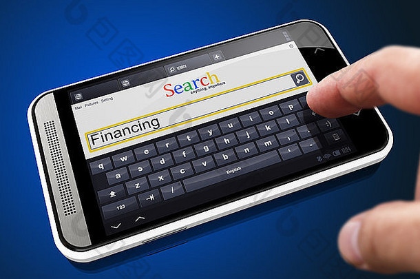 融资搜索字符串手指按按钮现代智能手机蓝色的背景