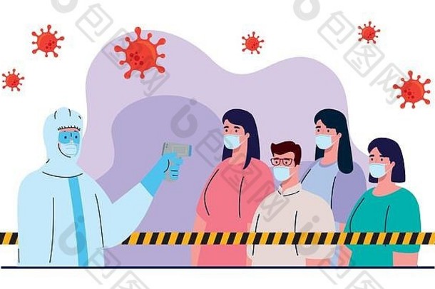 消毒人病毒保护西装数字联系红外温度计人检查温度