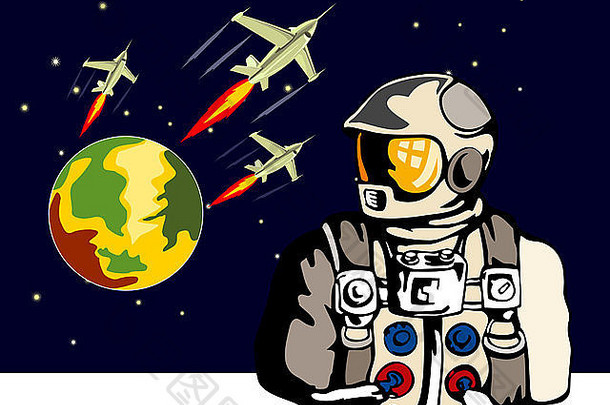 插图宇航员地球宇宙飞船背景圆顶复古的风格