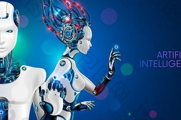 人形机器人男人。女人腰白色控制论机器人电子人蓝色的背景神奇的机械字符科学小说