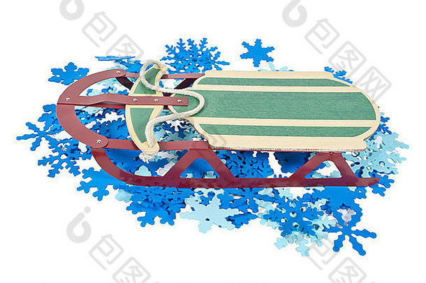 雪雪橇金属跑步者滑动下坡床上色彩斑斓的雪花路径包括