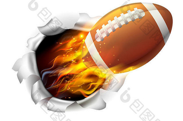 插图燃烧燃烧的美国足球球火撕裂洞背景