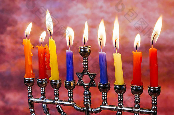 图像犹太人假期光明节背景烛台传统的