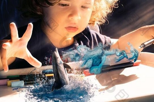 概念蹒跚学步的想象力梦想绘画海豚虚拟现实增强现实研究<strong>梦幻图片</strong>孩子们想象力幻想