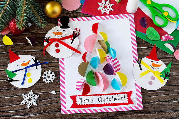圣诞节雪人快乐礼物圣诞节树卡手工制作的项目孩子们的创造力手工艺品工艺品孩子们