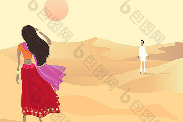 插图沙漠场景亚洲男人。女人走晚上太阳