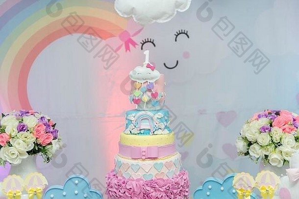 女孩主题生日装饰可爱的主题星星伞心雨柔和的颜色可爱的装饰生日聚会，派对