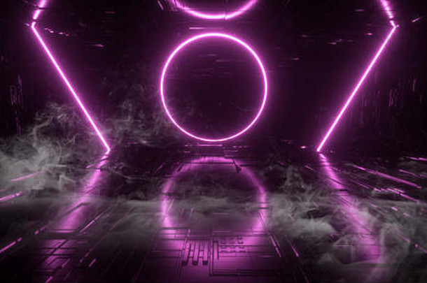 烟sci现代未来主义的霓虹灯灯紫色的发光混凝土列圆形状技术示意图芯片纹理反光黑暗隧道房间召开