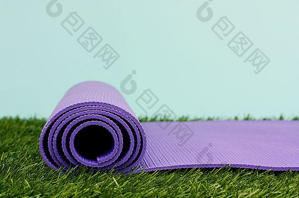 紫色的瑜伽锻炼席绿色草