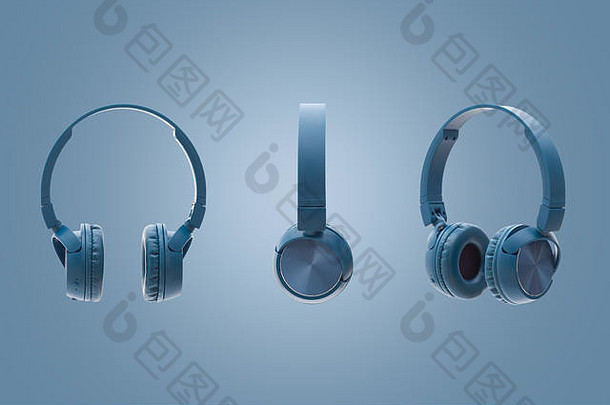 蓝牙蓝色的耳机蓝色的背景工作室包拍摄设备