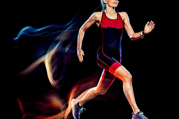 高加索人女人三项全能运动铁人三项选手跑步者运行乔格慢跑工作室拍摄孤立的黑色的背景光绘画效果