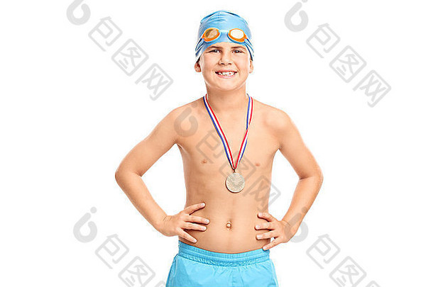 初级游泳冠军蓝色的游泳帽游泳树干相机孤立的白色背景
