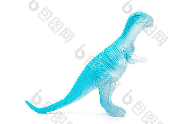 一边视图蓝色的塑料<strong>恐龙玩具</strong>白色背景