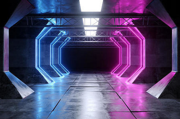 未来主义的宇宙飞船霓虹灯荧光发光的豪华的领导激光紫色的<strong>蓝色</strong>的灯发光的黑暗难看的东西混凝土<strong>隧道</strong>走廊平铺的地板上外星人