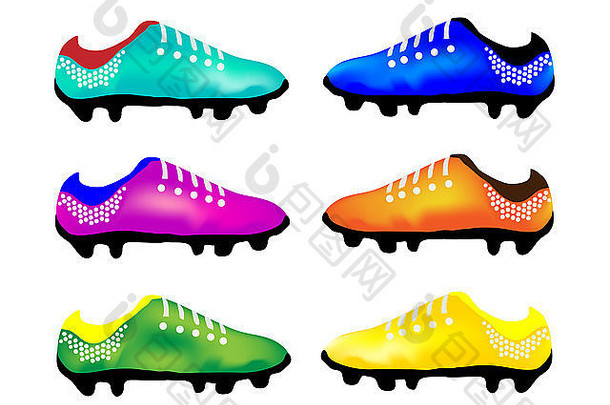 光蓝色的紫色的绿色蓝色的橙色黄色的颜色镶嵌鞋子足球鞋子