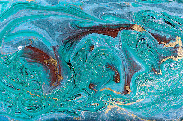 大理石摘要丙烯酸背景自然蓝色的绿色大理石花纹艺术作品纹理黄金闪闪发光的
