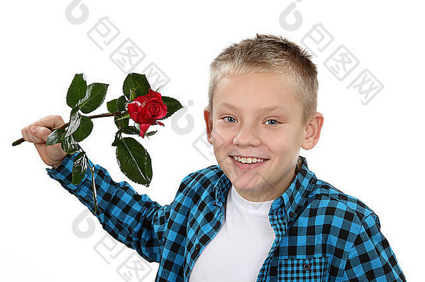 年轻的男孩玫瑰情人节一天孤立的白色背景