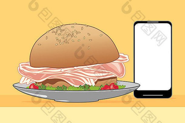 插图美味的培根沙拉三明治使芝麻种子好命令聪明的电话