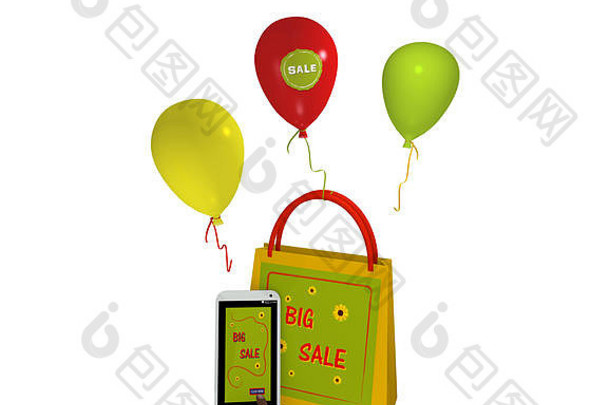 夏天的购物袋气球移动电话大出售广告手指推按钮呈现