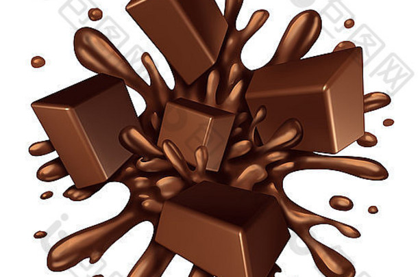 巧克力飞溅液体块融化糖果爆炸爆炸滴甜蜜的棕色（的）糖浆孤立的白色背景食物成分元素象征