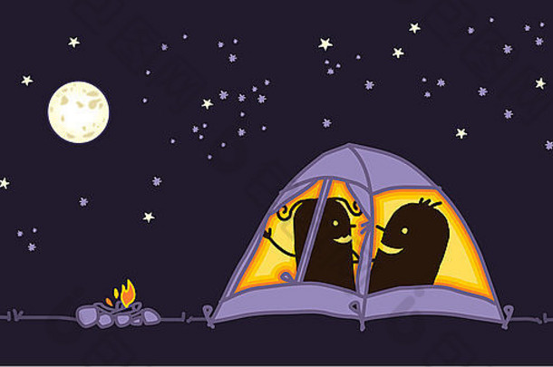 夫妇野营帐篷晚上