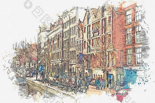 插图水彩草图传统的体系结构阿姆斯特丹欧洲体系结构日常城市生活