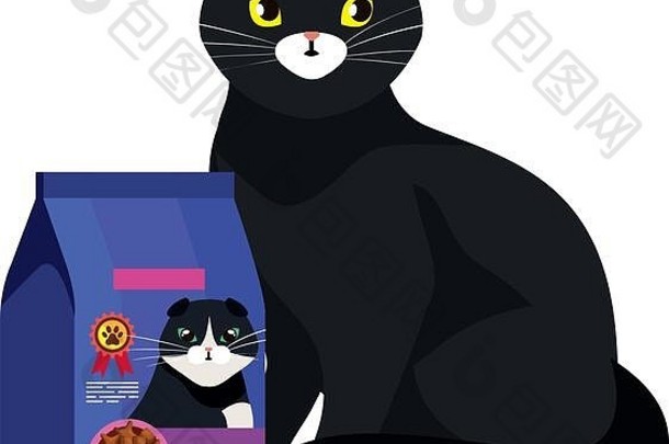 可爱的猫黑色的食物袋孤立的图标