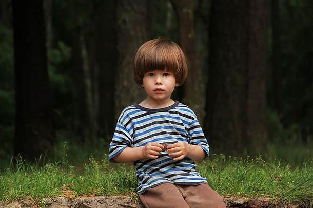 高加索人男孩条纹衬衫坐着夏天木玩锥