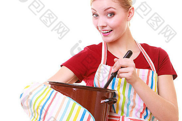 快乐家庭主妇老板色彩斑斓的厨房围裙能汤包孤立的工作室拍摄