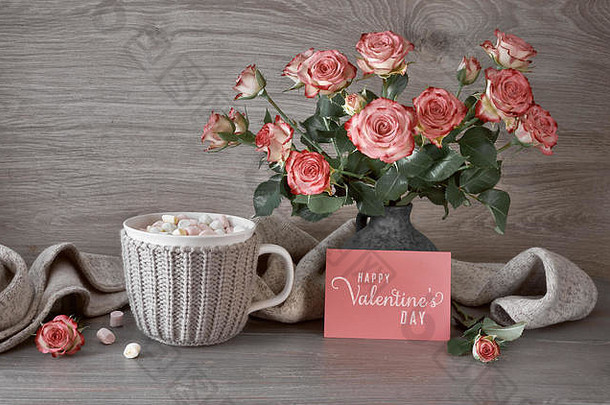 情人节一天生活杯热巧克力棉花糖粉红色的玫瑰问候卡装饰文本快乐情人节一天