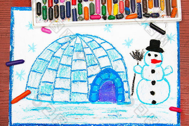 色彩斑斓的画冬天景观冰屋雪人