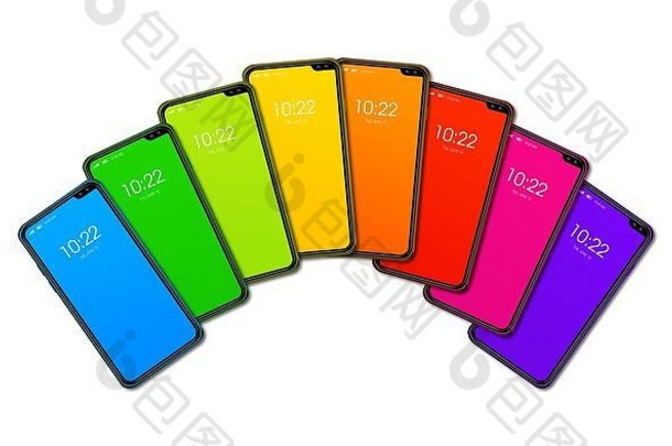 彩虹色彩斑斓的智能手机集孤立的白色背景渲染