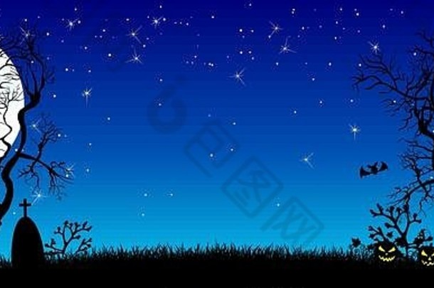 晚上万圣节南瓜轮廓树草稻草人墓地背景月亮布满星星的天空黑暗蓝色的布满星星的